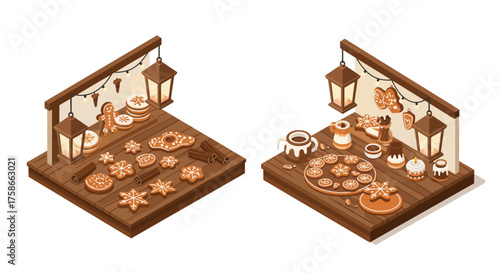Festive gingerbread display with holiday cookies and warm drinks in isometric…