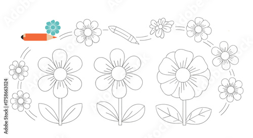 Learn to draw simple flowers with dotted lines and a pencil.