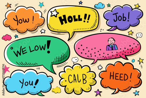 Colorful speech bubbles with exclamations and a cartoon man