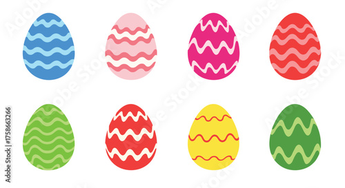 A collection of vibrantly colored easter eggs with zigzag patterns for festive decoration and springtime celebration.
