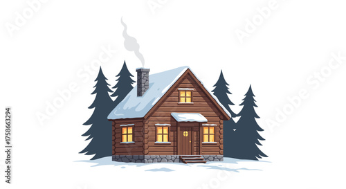 Cozy winter cabin in snowy forest with pine trees and smoke from chimney