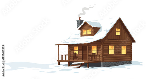 Cozy snow-covered cabin with warm glow and smoke from chimney