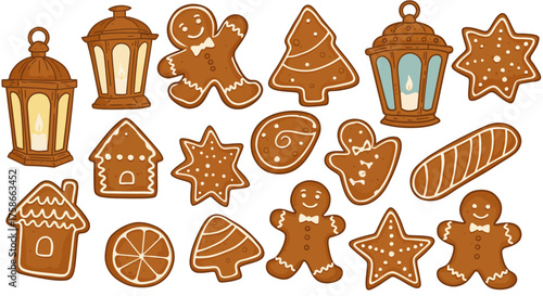 Festive gingerbread cookies with rustic candle lanterns in cute cartoon style