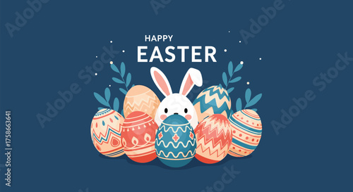 Wishing you a very happy easter with cute bunny and decorated eggs.