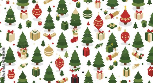 Christmas seamless pattern with trees ornaments and gifts in festive isometri…