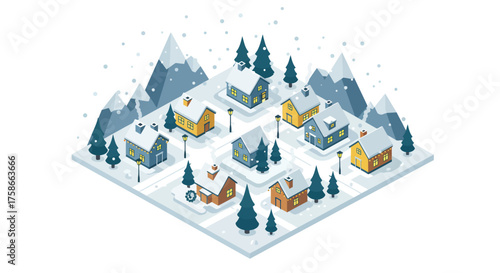 Charming winter village with snow-covered houses and mountains in isometric s…