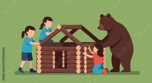 Children and Bear Build a Cozy Log Cabin Together in the Forest Nature Scene