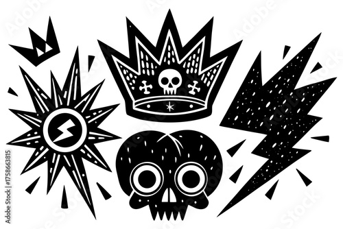 Punk rock icons skull crown starburst lightning bolt and crown