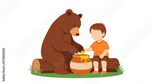 Friendly Bear and Boy Share Sweet Honey from a Clay Pot Outdoors