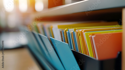 An organization system features vibrant file folders neatly arranged in a file rack. The folders are sorted with their tabs visible, making document retrieval easier and organized.