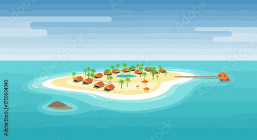 Idyllic tropical island resort with palm trees, bungalows and turquoise water paradise