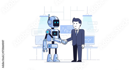 Human and Robot Collaboration Depicted in a Modern Business Environment Illustration