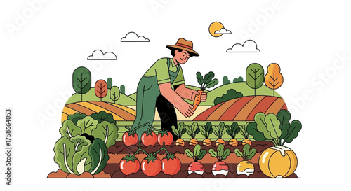 Illustration depicting a farmer harvesting vegetables in a rural setting with diverse crops
