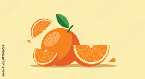 A vibrant digital illustration showcasing juicy oranges and sliced citrus fruits with splashing juice against a pastel yellow background.