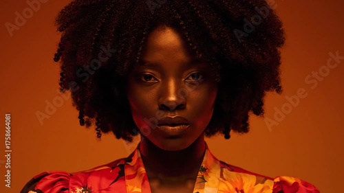 Portrait of a beautiful Black woman with natural afro hair and vibrant clothing.