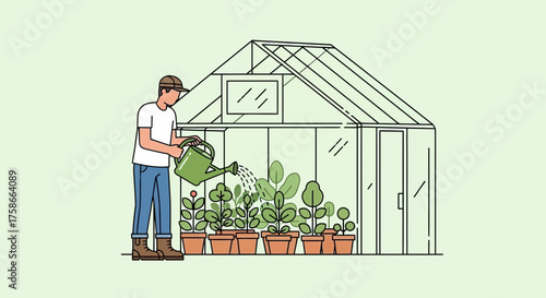 Illustration depicting a man watering plants inside a greenhouse structure setting a relaxing and