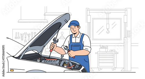 Illustration depicting a mechanic working on a car engine in a repair shop environment