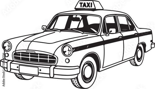 Taxi Retro Vintage Cab Hand-drawn Sketch Drawing Vector Illustration, Line Linear Symbol Engraving Coloring Book, Black and White Isolated