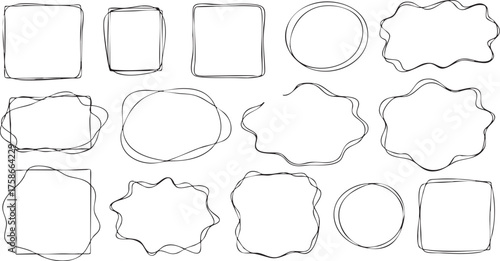 Collection of Black Hand Drawn Doodles Frames Borders: Square, Rounded Corners, Wavy Edges Isolated on Transparent Background for Creative Design Projects, Photo Albums, Scrapbooks, Invitations