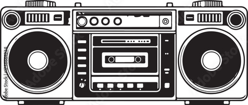 Boom box Vintage Retro Audio Cassette Player Hand-drawn Sketch Drawing Vector Illustration, Line Linear Symbol Engraving Coloring Book, Black and White Isolated
