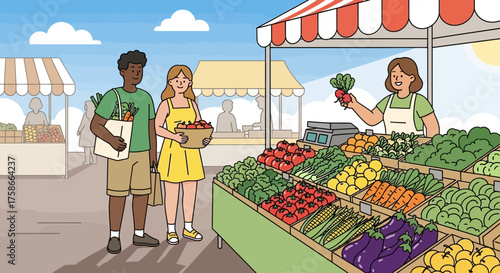Illustration of a farmer's market with diverse customers buying fresh local produce cheerfully