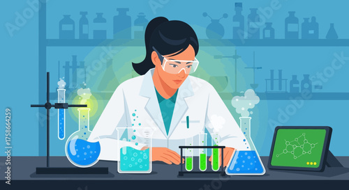 Illustration of a female scientist conducting research in a modern laboratory setting