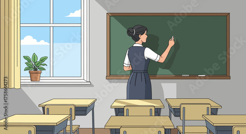 Illustration of a female teacher writing on a chalkboard in an empty classroom setting emphasizing