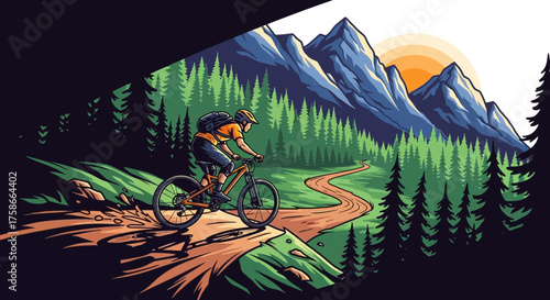 Illustration of a mountain biker riding through a forest trail with scenic background