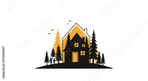 Cozy cabin nestled amongst tall evergreen trees under a warm glowing sky.