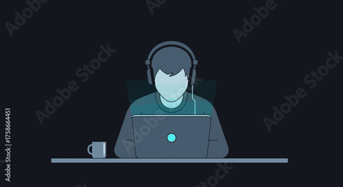 Illustration of a person working on a laptop with headphones in a dark environment
