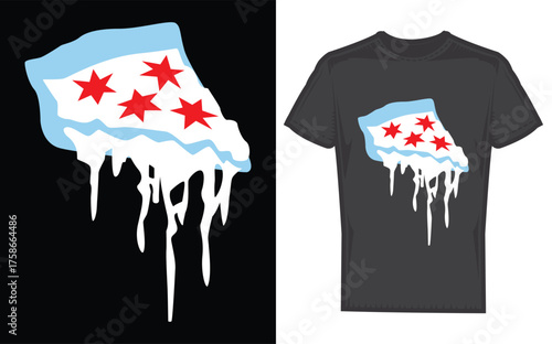 Men s chicago flag pizza silhouette design celebrating city pride and culinary delights with iconic red stars and white stripes on a circular food shape