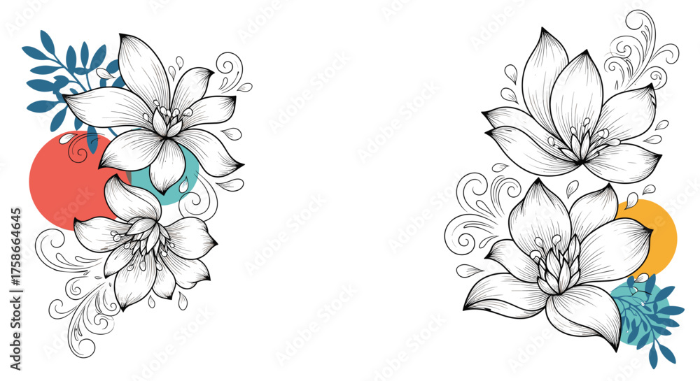 Obraz premium Delicate floral illustrations with abstract geometric shapes add artistic flair to your designs.