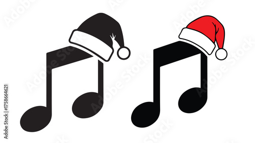 Caroler music note silhouette wearing tiny santa hat, playful black holiday audio symbol for christmas songs, choir posters, and festive branding