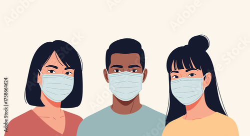 Three people wearing surgical masks to protect themselves from illness.