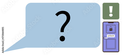Question mark in blue speech bubble, purple locked door with unlock button, green exclamation mark. Ideal for communication, problem-solving, decision-making, security, guidance, access inquiry