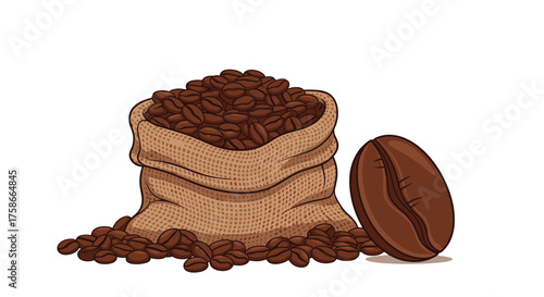 A burlap sack overflowing with roasted coffee beans spills onto a white surface next to a single large coffee bean.