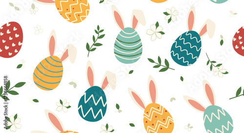 A cheerful collection of decorated Easter eggs with bunny ears and delicate floral accents creates a festive spring scene.
