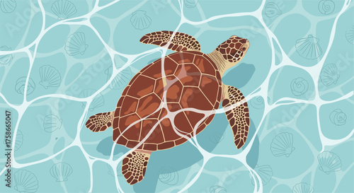 A solitary sea turtle gracefully swims through clear turquoise ocean waters on a sunny day.
