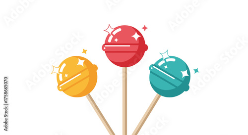 Three colorful lollipops stand on sticks with bright sparkles surrounding them on a white background.