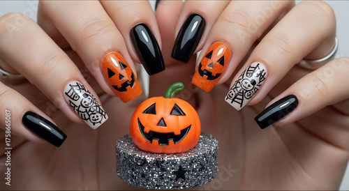 Trendy Halloween nails with pumpkin
