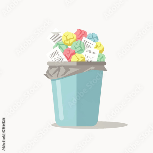 Overflowing office trash can filled with crumpled colorful papers and discarded documents, symbolizing waste, mistakes, and the importance of responsible disposal and decluttering