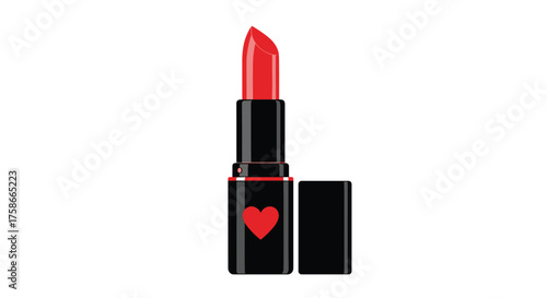 Vibrant red lipstick with a heart emblem on its black case perfect for a bold statement.