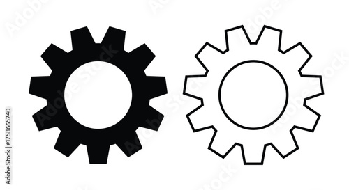 Solid and outline gear (cogwheel) icons side by side on a white background. This vector symbol represents settings, maintenance, mechanical system, process, configuration, engineering, technical tools