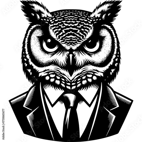 Owl in Attire: A distinguished owl in a tailored suit, embodying wisdom and authority with a sharp, observant gaze and sophisticated attire.