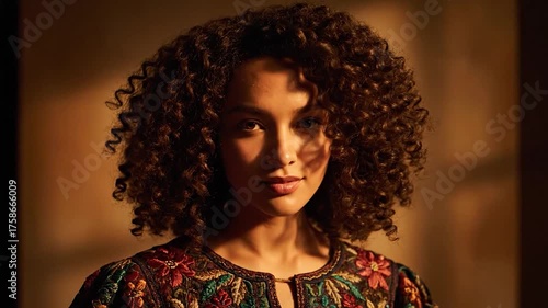 Portrait of a young woman with curly hair and a colorful embroidered top.