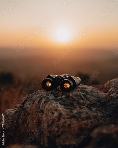 Binoculars on Rock at Sunset