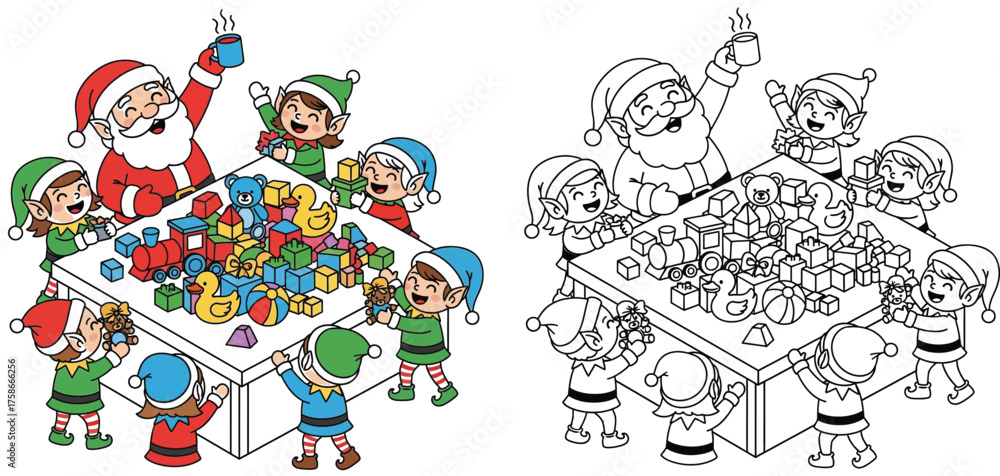Fototapeta premium Happy Santa and Elves Building Toys: A Festive Christmas Workshop Scene
