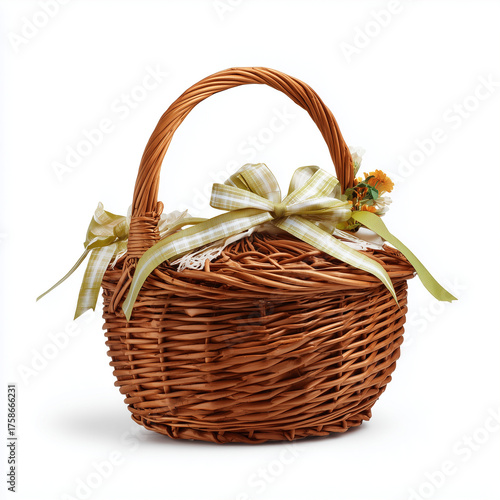Isolated stylish wicker gift basket with ribbons, white backdrop, high-resolution studio shot