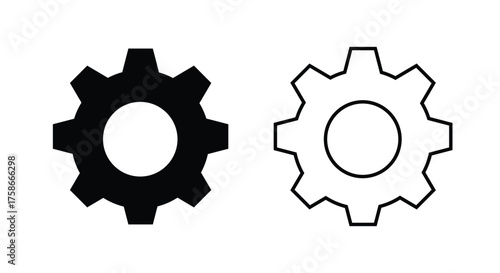 Solid and outline gear (cogwheel) icons side by side on a white background. This vector symbol represents settings, maintenance, mechanical system, process, configuration, engineering, technical tools