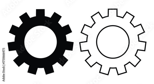 Solid and outline gear (cogwheel) icons side by side on a white background. This vector symbol represents settings, maintenance, mechanical system, process, configuration, engineering, technical tools